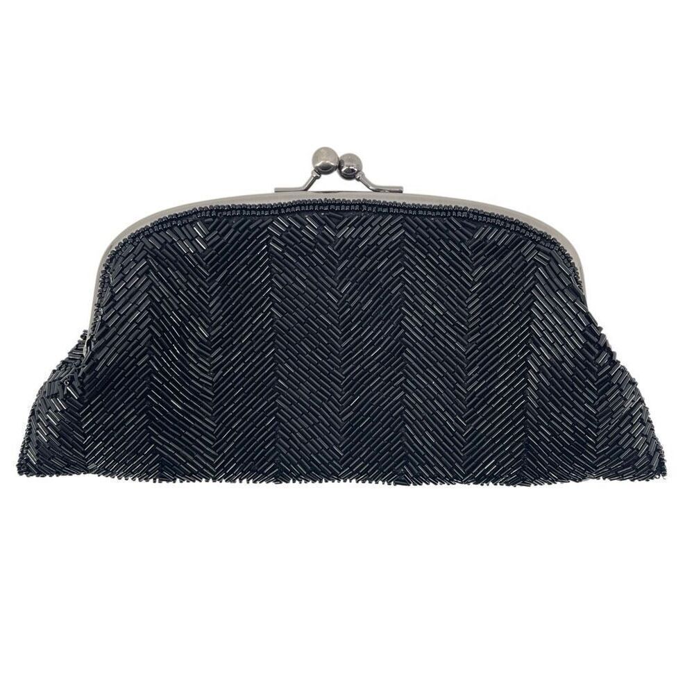 The Limited Black Herringbone Beaded Holiday Glam Evening Clutch Kiss-Lock
